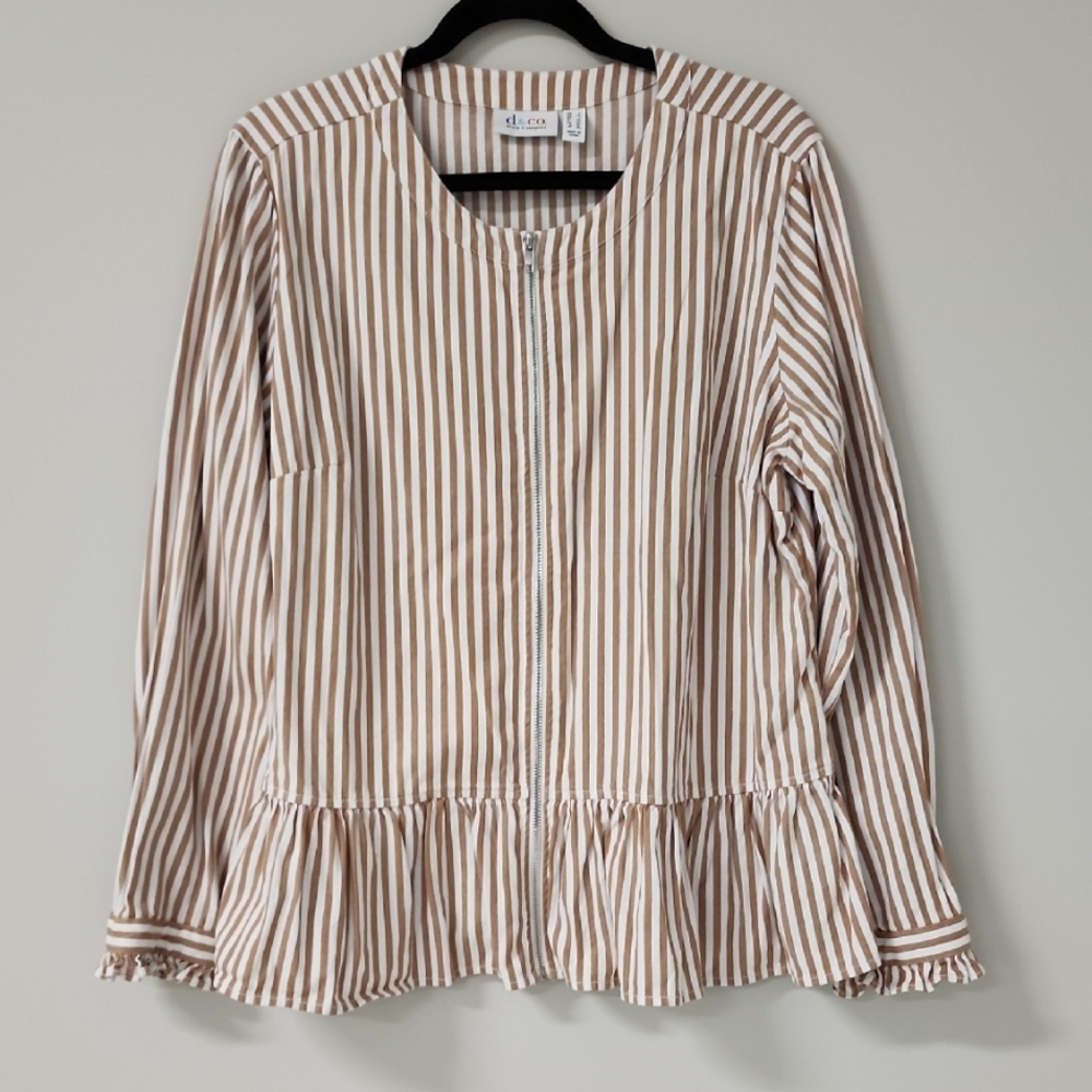 Denim & Co. Yarn Dyed Stripe Peplum Jacket Warm Tan Large
